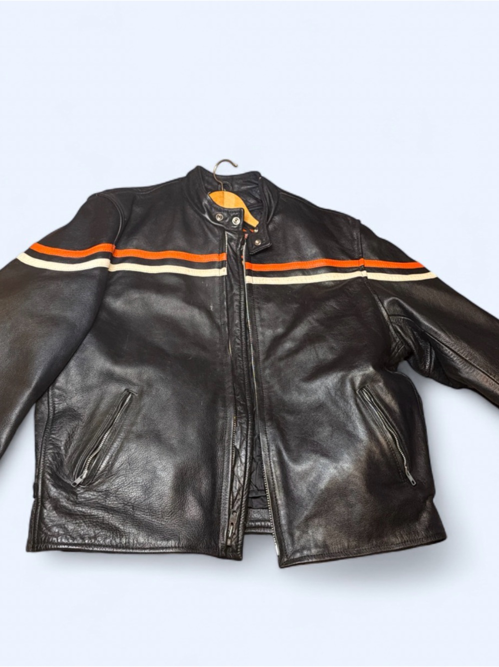 Interstate leather Men's Black Leather Zipper Jacket with Orange & Cream Stripes